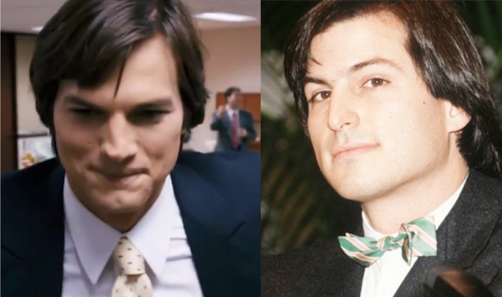 Ashton Kutcher (left) portrays the late Steve Jobs (right) in the upcoming film "jOBS"