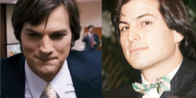 Ashton Kutcher (left) portrays the late Steve Jobs (right) in the upcoming film